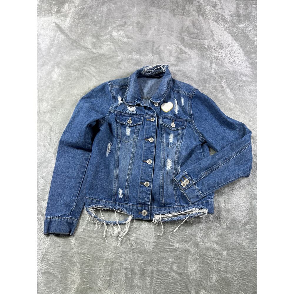 Excuse Distressed Denim Jacket Women Medium Edgy Rocker Moto Style Biker - Picture 2 of 9